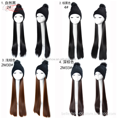 Hot sell long straight wig head Warm wool hat wig black woolen hat long straight hair Winter warm cap hair long straight hair